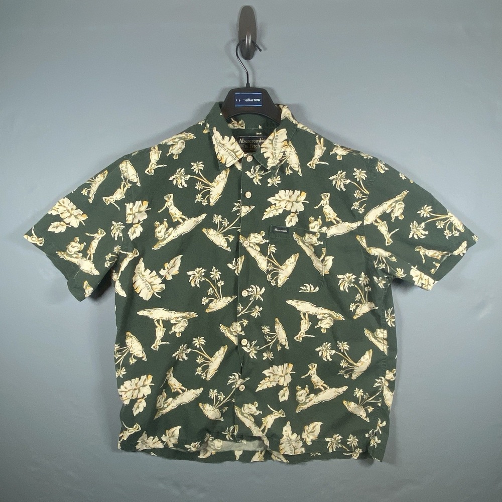 Vintage Abercrombie Fitch Hawaiian Shirt Mens L Green Hula Girl Palm Tree Cotton